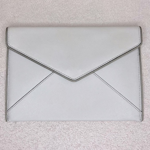 Rebecca Minkoff Saffiano Leather Envelope Zipper Trim Pouch Clutch-Gray-Designer - Picture 1 of 10